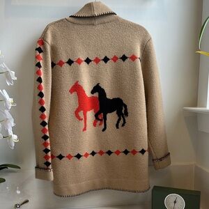 Callahan Tan Cardigan with Red and Black Horse Design medium